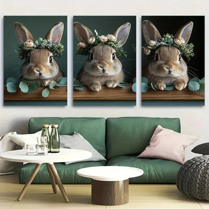 3pcs Charming Bunny Decor with Floral Crowns Metal Print Ready to Hang Art
