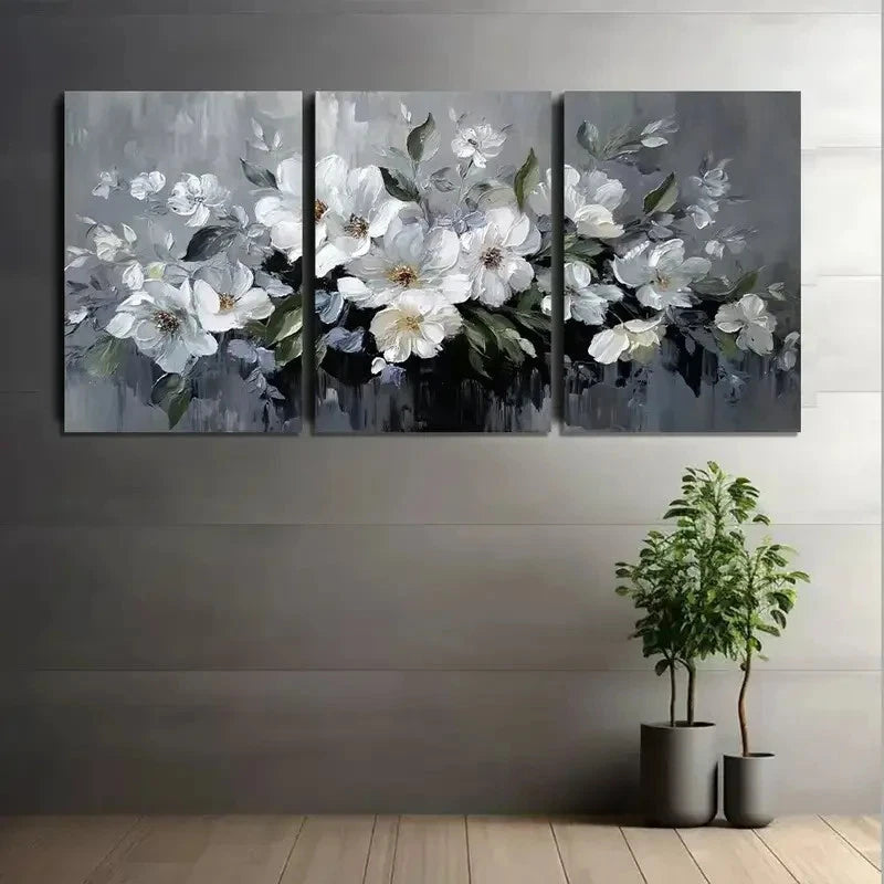 3pcs Large Floral Arrangement in White-Gray Tones Metal Print Ready to Hang Art