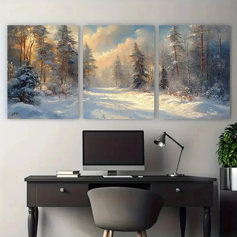 3pcs Winter Wonderland Snowy Nature Landscape Wall Art Set Canvas Framed 40x60cm - High Quality Print 100% Australian Made Wall Canvas Ready to Hang