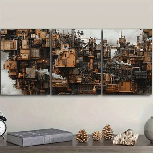 3pcs Featuring Steampunk City Brown Themed Metal Print Ready to Hang Art