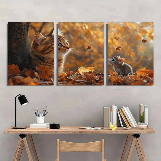 3pcs Autumn Cat and Mouse Scene Wall Art Set Canvas Framed 50x70cm - High Quality Print 100% Australian Made Wall Canvas Ready to Hang