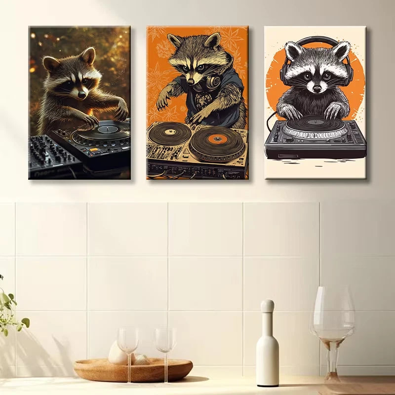 3pcs Raccoon as a DJ Funny Illustration Wall Art Set Canvas Framed 60x90cm - High Quality Print 100% Australian Made Wall Canvas Ready to Hang
