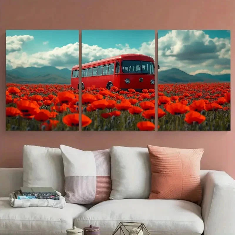3pcs Vintage Red Bus in Poppy Meadow Field Metal Print Ready to Hang Art