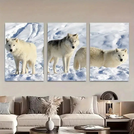 3pcs Three White Wolves in Snow Metal Print Ready to Hang Art