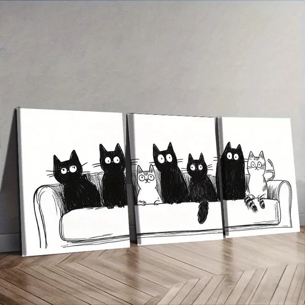 3pcss Cats Sitting on Couch Design Wall Art Set Canvas Framed 60x90cm - High Quality Print 100% Australian Made Wall Canvas Ready to Hang