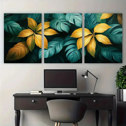 3pcs Tropical Jungle Leaf Green & Yellow Foliage Metal Print Ready to Hang Art