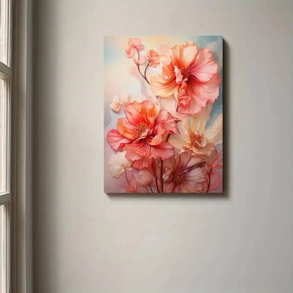 Floral painting on a wall with a window in the background