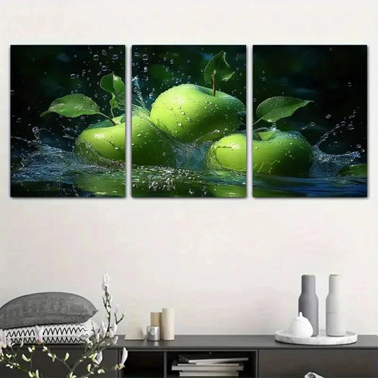 3pcs Green Apple Water Splash Green Leaf Metal Print Ready to Hang Art