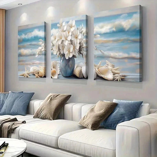 3pcs White Flowers in Blue Vase with Seashells Wall Art Set Canvas Framed 40x60cm - High Quality Print 100% Australian Made Wall Canvas Ready to Hang