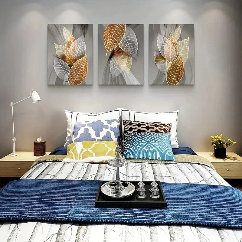 3pcs Modern Abstract Leaf Golden Blue and Gray Metal Print Ready to Hang Art