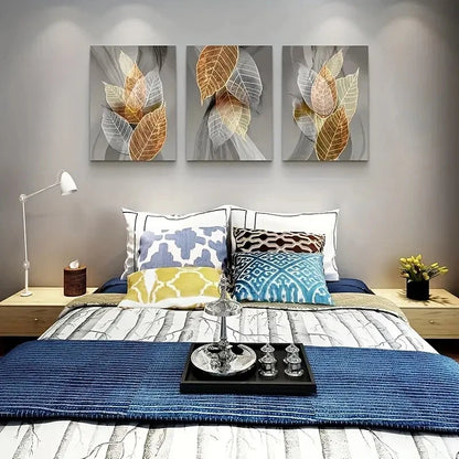 3pcs Modern Abstract Leaf Golden Blue and Gray Metal Print Ready to Hang Art