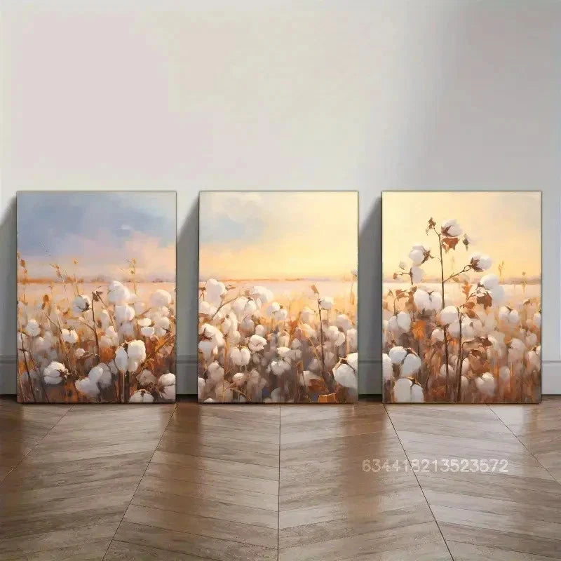3pcs Serene Cotton Field Sunset Scenery Metal Print Ready to Hang Art