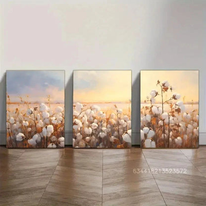 3pcs Serene Cotton Field Sunset Scenery Metal Print Ready to Hang Art