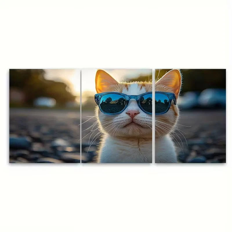 3pcs Stylish White Cat in Blue Glasses Metal Print Ready to Hang Art