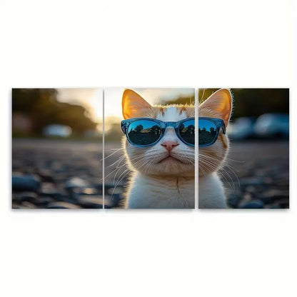 3pcs Stylish White Cat in Blue Glasses Metal Print Ready to Hang Art