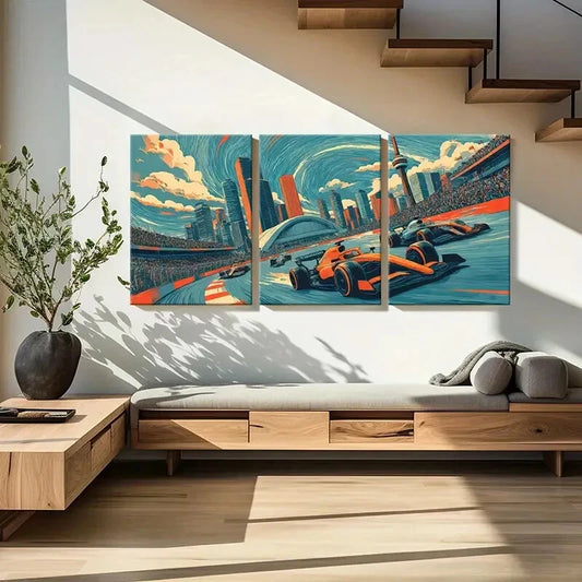 3pcs Cityscape Racing Art Formula One Cars Metal Print Ready to Hang Art