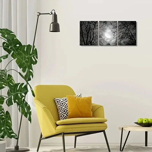 3pcs Black And White Full Moon Over a Forest Metal Print Ready to Hang Art