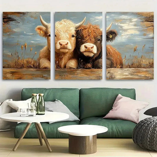 3pcs Cute Scottish Cattle Metal Print Ready to Hang Art