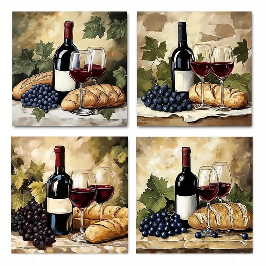 4pcsTuscan Wine & Grape Wall Art Canvas Framed