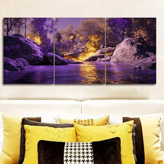 3pcs A Purple and Golden Iridescent Rock Metal Print Ready to Hang Art