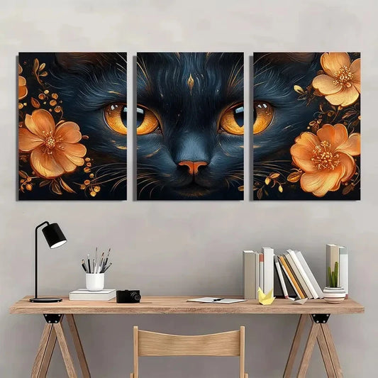 3pcs Whimsical Fat Cat Golden Ornate Metal Print Ready to Hang Art