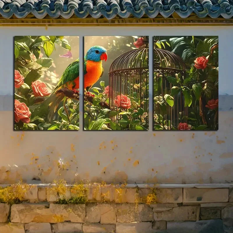 3pcs Vibrant Tropical Parrot and Cage with Floral Metal Print Ready to Hang Art