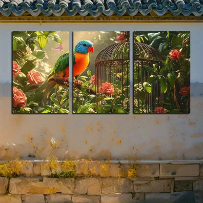3pcs Vibrant Tropical Parrot and Cage with Floral Metal Print Ready to Hang Art