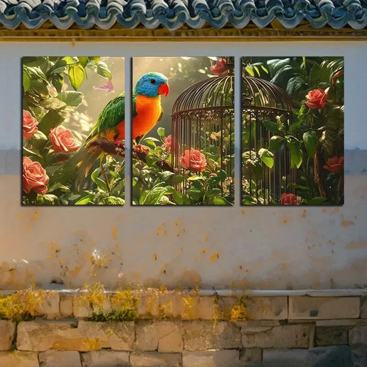 3pcs Vibrant Tropical Parrot and Cage with Floral Metal Print Ready to Hang Art
