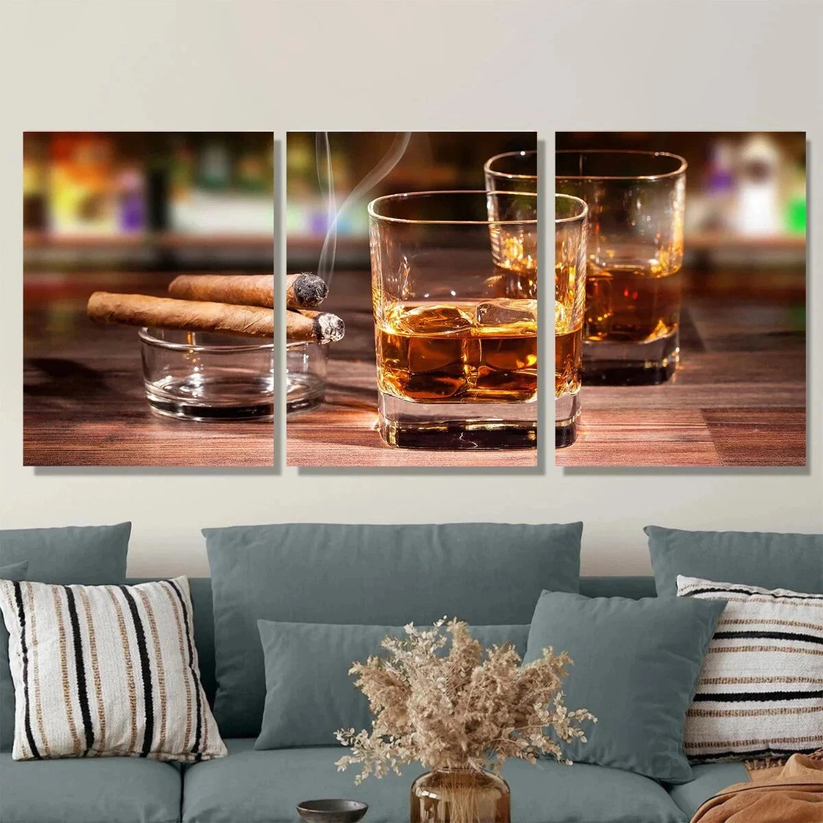 3pcs Whiskey & Cigar Bar Scene Vibrant Colors Metal Print Ready to Hang Art
