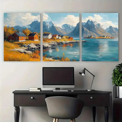 3pcs Vibrant Norway Landscape with Red Houses Metal Print Ready to Hang Art