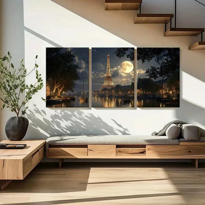 3pcs Romantic Paris Landscape with Full Moon Metal Print Ready to Hang Art