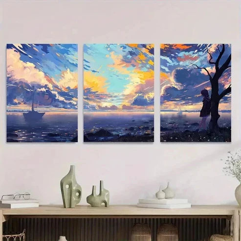 3pcs Beautiful Sunset Seascape Blue Sky & Ocean Wall Art Set Canvas Unframed - High Quality Print 100% Australian Made Wall Canvas