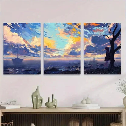 3pcs Beautiful Sunset Seascape Blue Sky & Ocean Wall Art Set Canvas Unframed - High Quality Print 100% Australian Made Wall Canvas