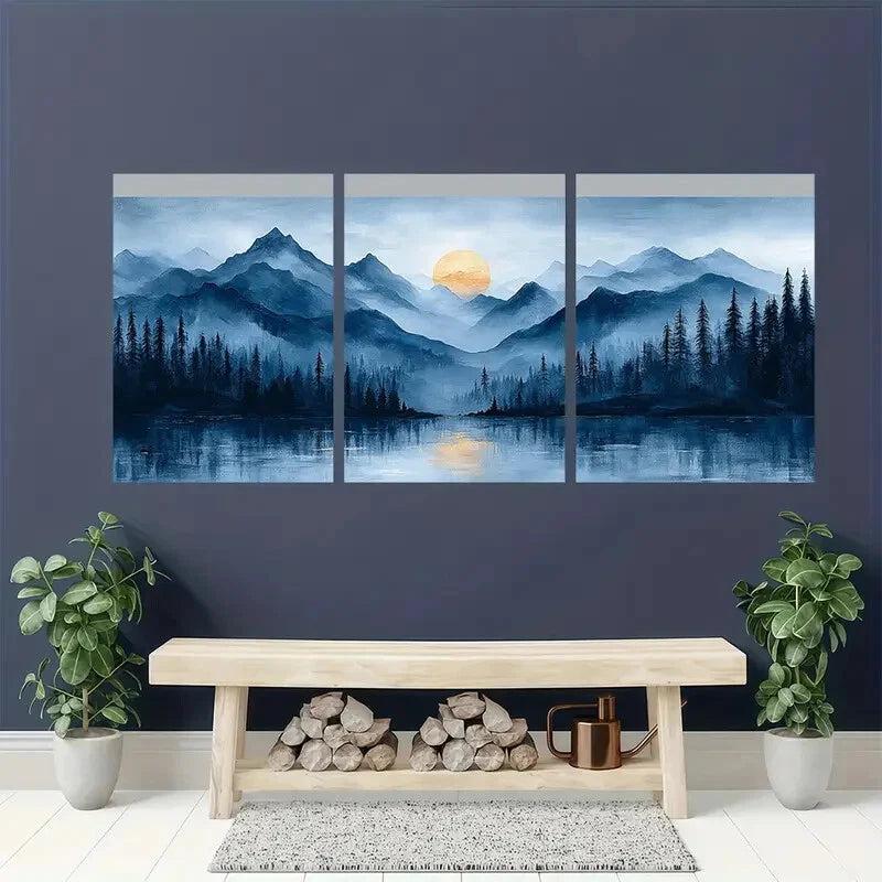 3pcs Blue Gray Abstract Landscape Modern Art Metal Print Ready to Hang Art