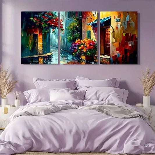 3pcs Vibrant Floral & Urban Street Scene Metal Print Ready to Hang Art