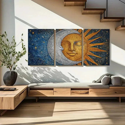 3pcs Sun Moon Celestial Art Golden Silvery Face Metal Print Ready to Hang Art