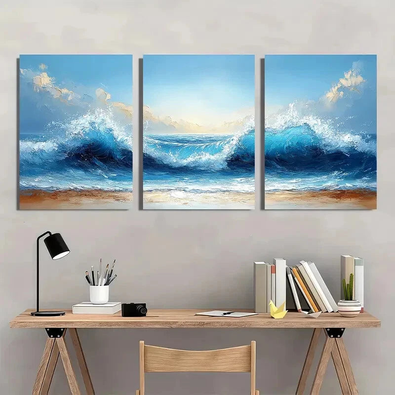3pcs Vibrant Blue Sea Waves Abstract Beach Scene Metal Print Ready to Hang Art