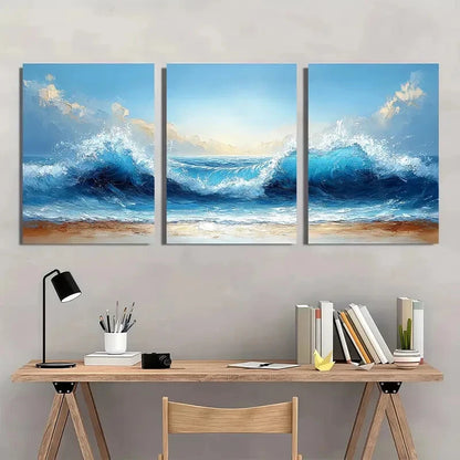 3pcs Vibrant Blue Sea Waves Abstract Beach Scene Metal Print Ready to Hang Art