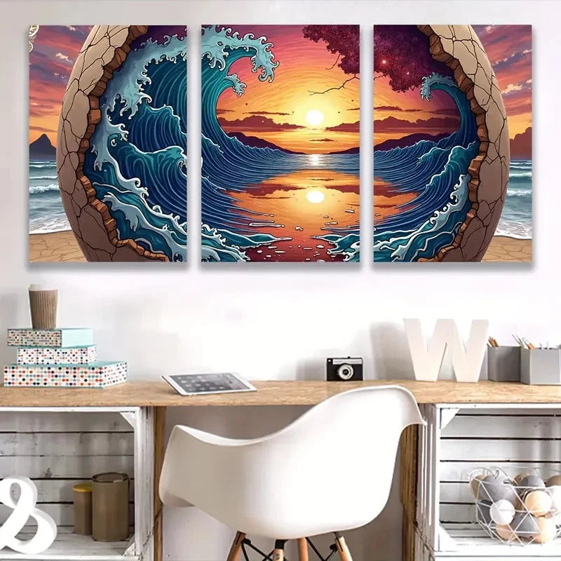 3pcs Vibrant Sunset Ocean Waves Design Wall Art Set Canvas Framed 50x70cm - High Quality Print 100% Australian Made Wall Canvas Ready to Hang