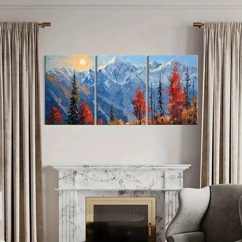 3pcs Mountain Landscape Autumn Trees Snowy Peaks Metal Print Ready to Hang Art