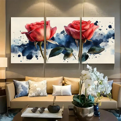 3pcs Roses White and Blue Background Design Metal Print Ready to Hang Art