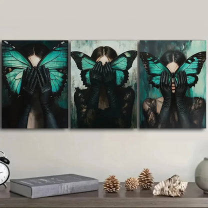 3pcs The Woman with The Green Butterfly On Face Metal Print Ready to Hang Art