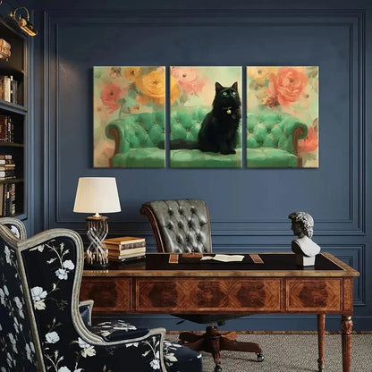 3pcs Elegant Black Cat Green Eyes Vintage Sofa Metal Print Ready to Hang Art