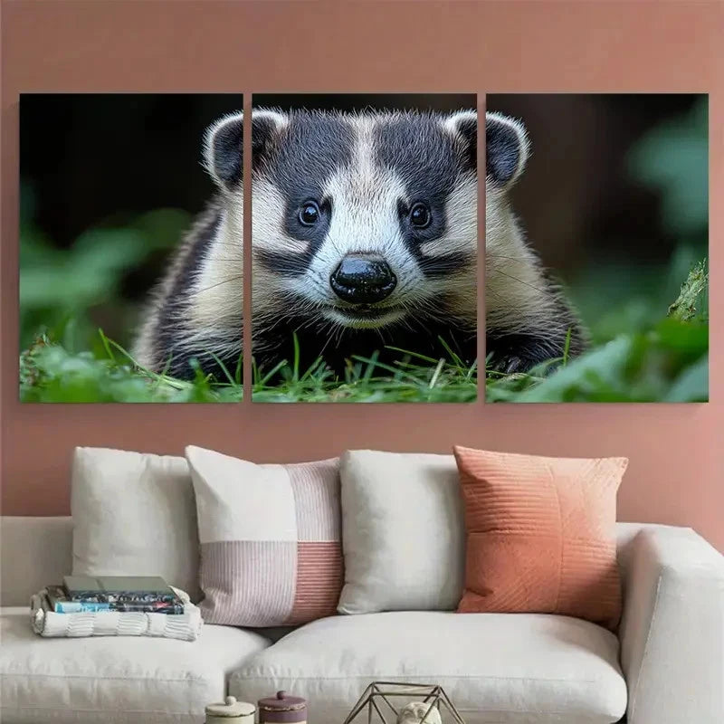 3pcs European Badger Cautiously Exploring Grassy Wall Art Set Canvas Framed 40x60cm - High Quality Print 100% Australian Made Wall Canvas Ready to Hang