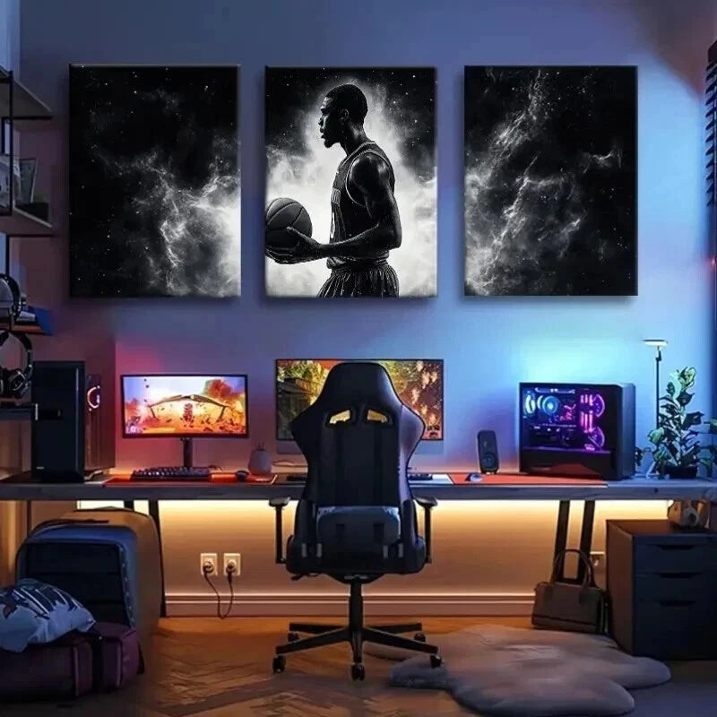 3pcs Basketball Player Silhouette Space Perfect Wall Art Set Canvas Framed 40x60cm - High Quality Print 100% Australian Made Wall Canvas Ready to Hang