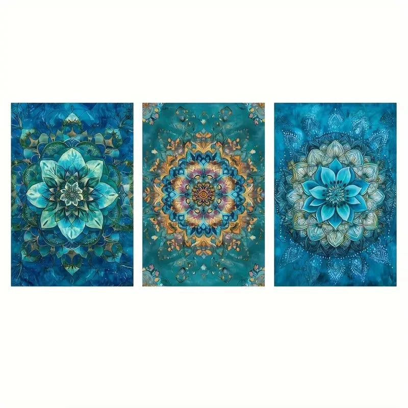 3pcs Geometric Bohemian Mandala Sea Blue Metal Print Ready to Hang Art