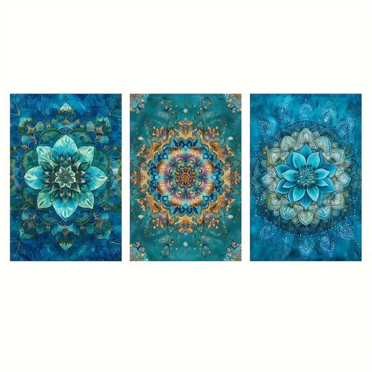 3pcs Geometric Bohemian Mandala Sea Blue Metal Print Ready to Hang Art