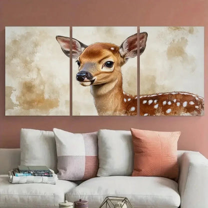 3pcs Young Baby Deer Fawn Illustration Wall Art Set Canvas Framed 50x70cm - High Quality Print 100% Australian Made Wall Canvas Ready to Hang