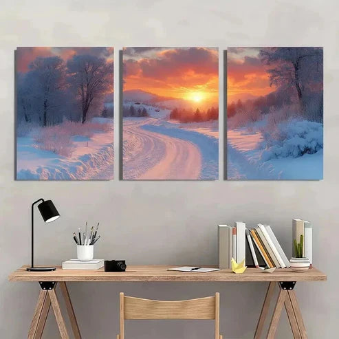 3pcs Sunset Winter Cowboy Trail Landscape Wall Art Set Canvas Unframed - High Quality Print 100% Australian Made Wall Canvas