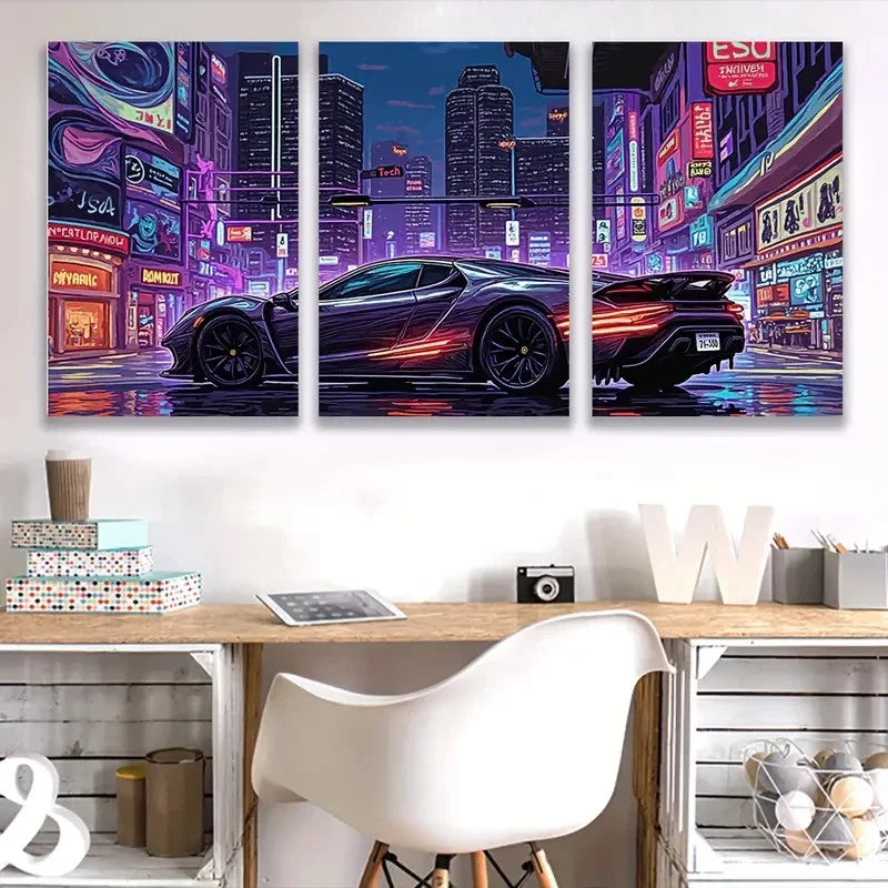 3pcs Bugatti La Voiture Noire City Night Wall Art Set Canvas Framed 50x70cm - High Quality Print 100% Australian Made Wall Canvas Ready to Hang